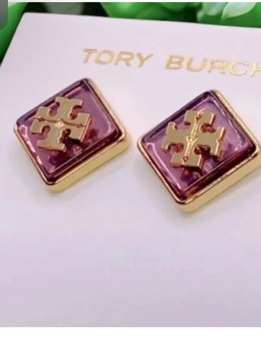 TORY BURCH Resin Purple Gold Logo Stud Earrings NEW $129